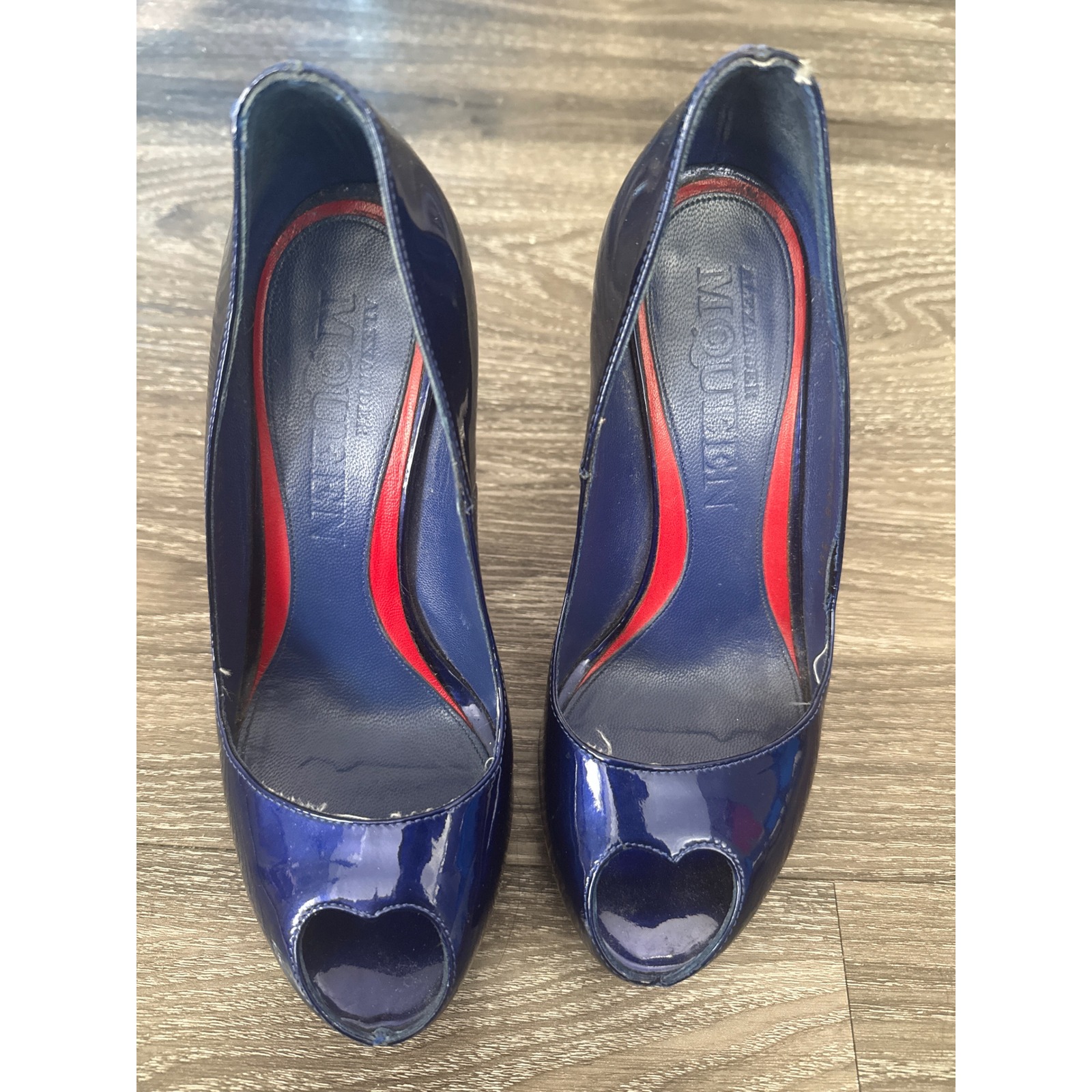 Alexander Mcqueen Navy Blue Patent Leather Heart Peep Toe Stiletto Pumps 35.5
